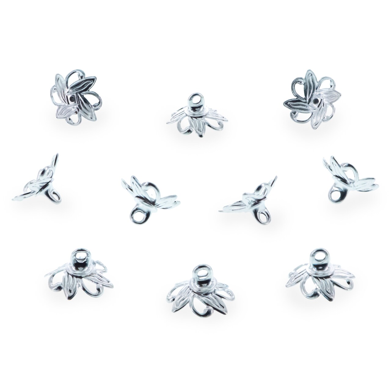 10 Floral Lily Silver Brass Metal Ornament Caps Ball or Egg Top Findings, End Caps 0.35 Inches (9 mm)